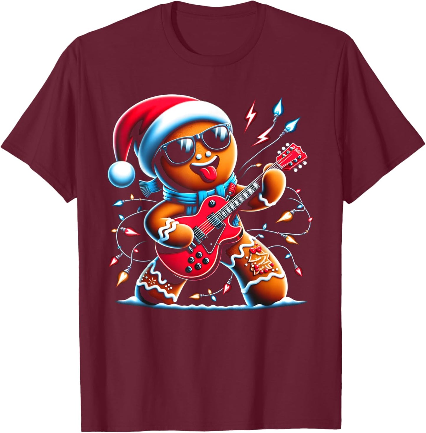 Rock Guitar Gingerbread Playing Guitar -Funny Christmas Kids T-Shirt - T-Shirt | Maroon