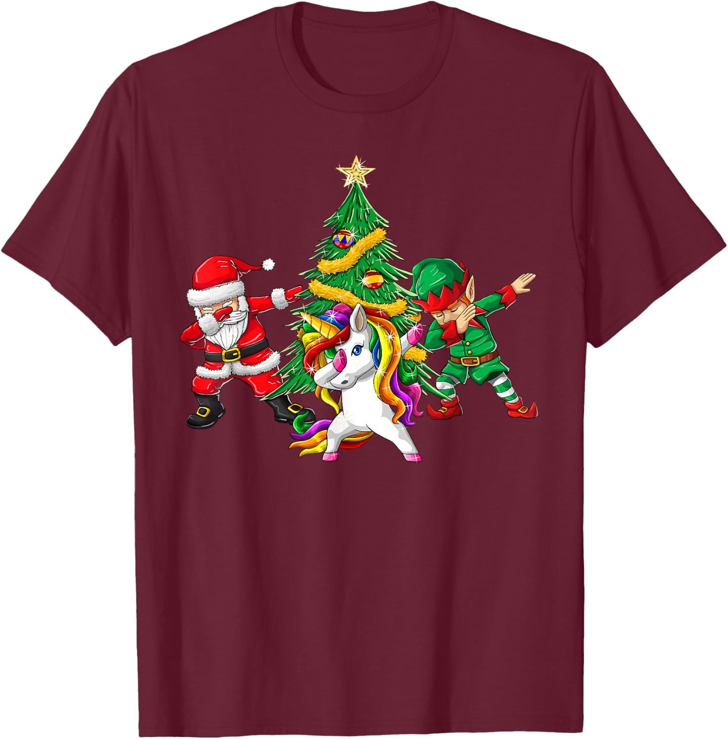 Dabbing Santa Elf Unicorn Christmas Tree Kids Boy Girl Gifts T-Shirt - T-Shirt | Maroon