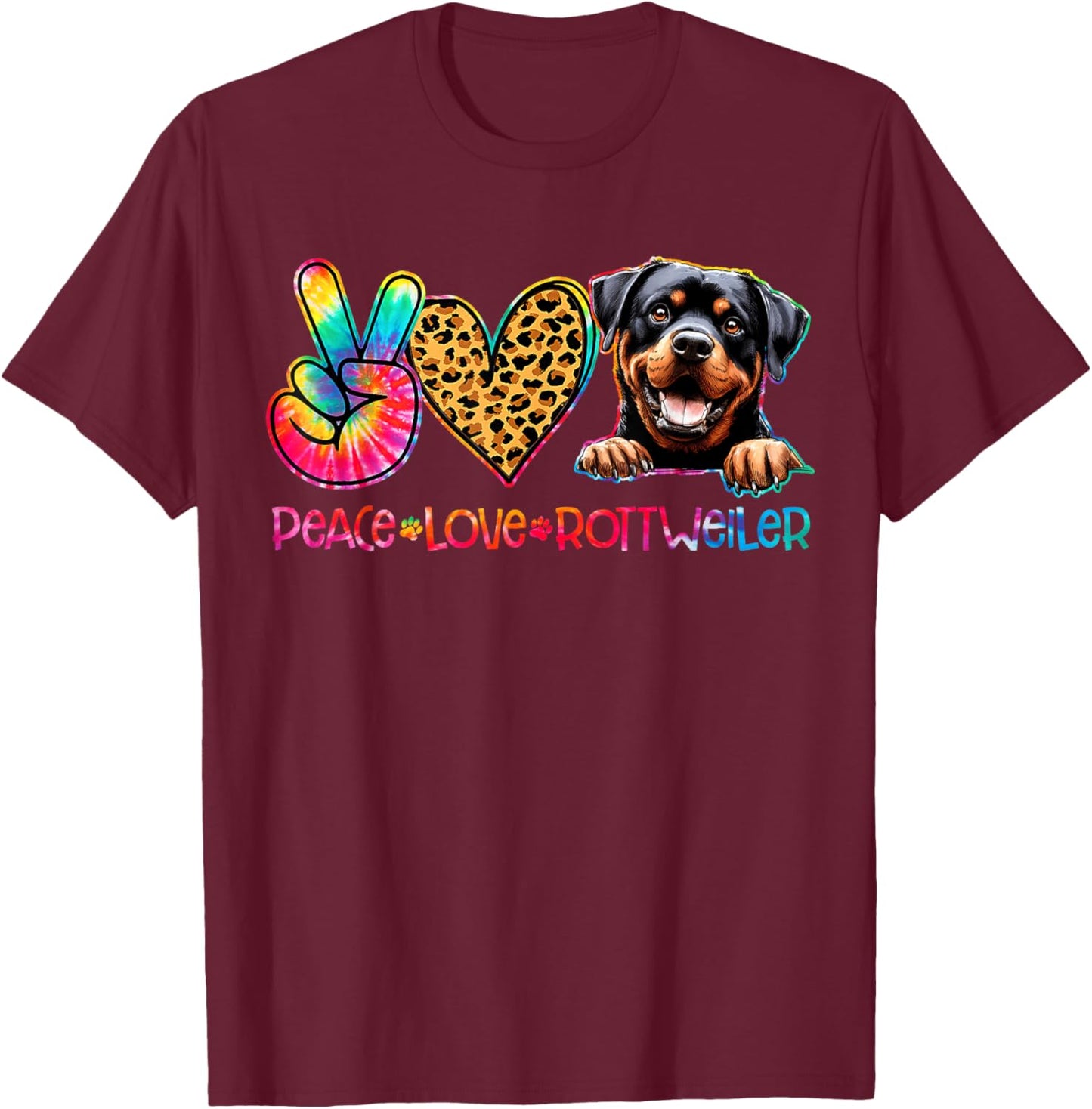 Peace Love Rottweiler Tie Dye Dog Lover T-Shirt - T-Shirt | Maroon