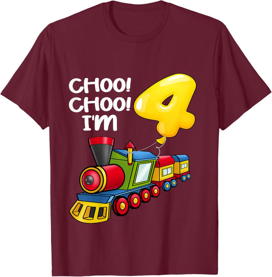 Kids Choo Choo I'm 4 Years Old Locomotive Boys Train 4th Birthday T-Shirt - T-Shirt | Maroon