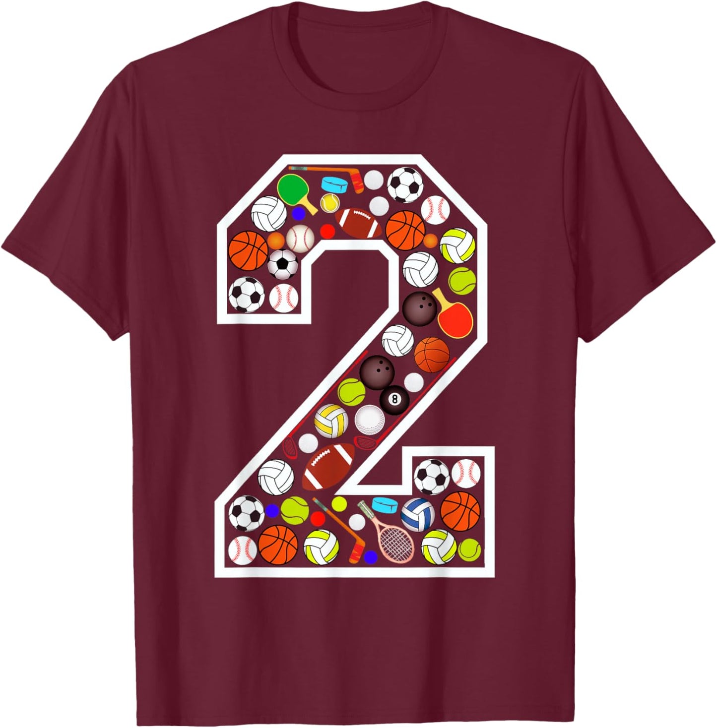 Kids 2nd Birthday Sports Big Number Two 2 Year Old Boy T-Shirt - T-Shirt | Maroon