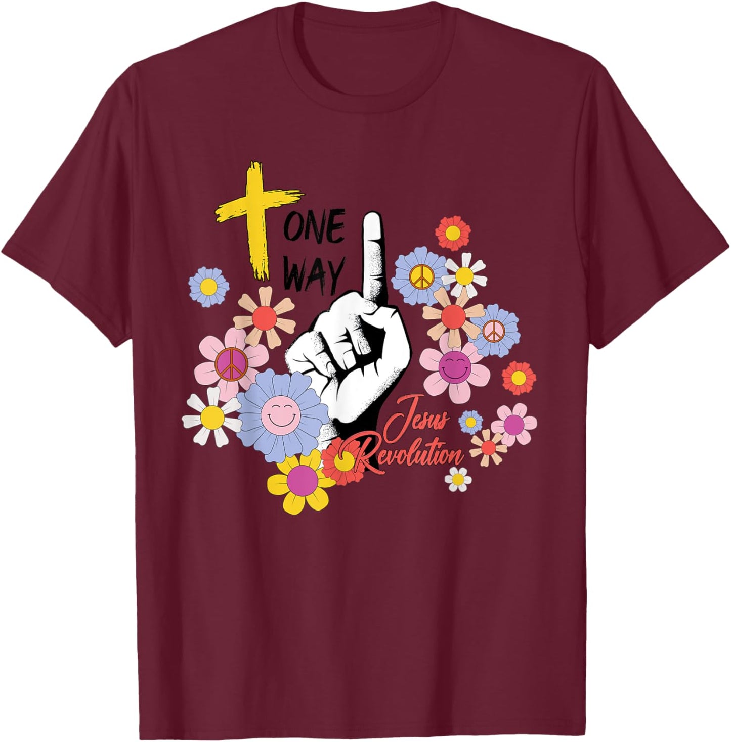 Groovy Retro Jesus Revolution Hippie Flowers One Way Women T-Shirt - T-Shirt | Maroon