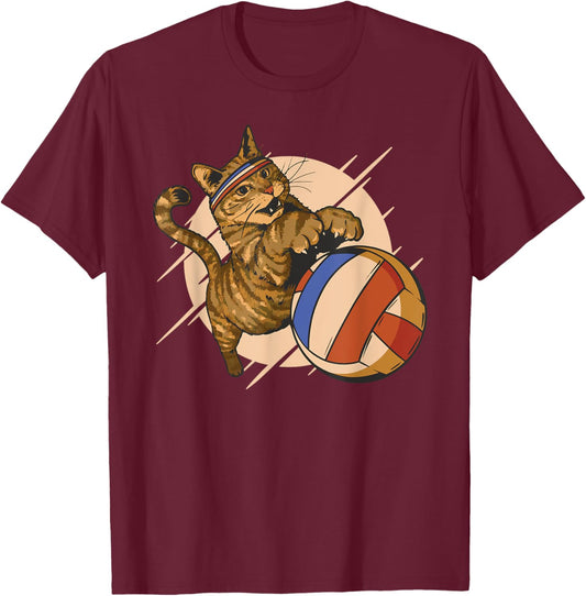 Funny cat plays volleyball women children T-Shirt - T-Shirt | Maroon