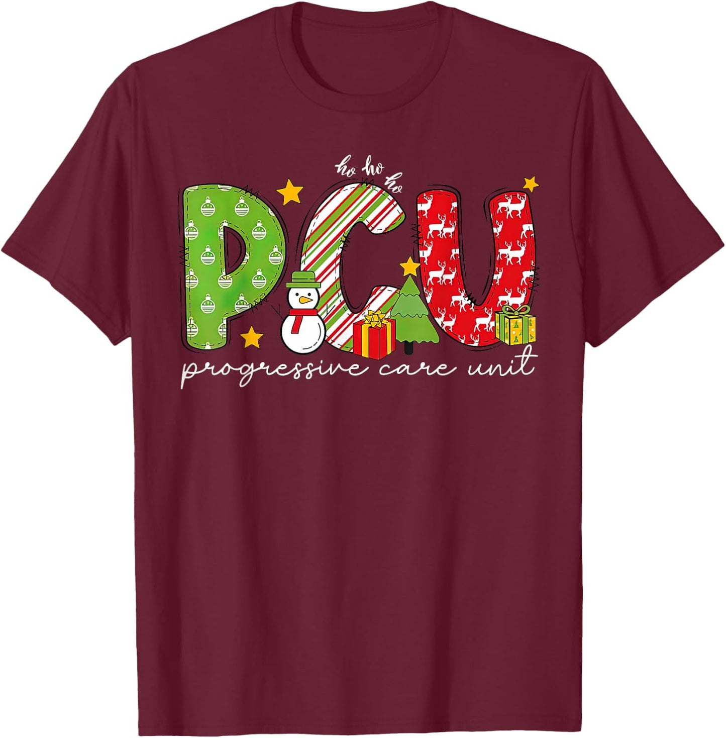Retro PCU Progressive Care Unit Nurse Christmas Holiday T-Shirt - T-Shirt | Maroon