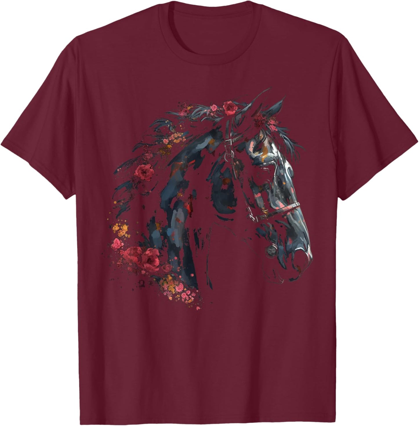 @n!mal Horse Artwork - Riding Flowers Animal Horse T-Shirt - T-Shirt | Maroon