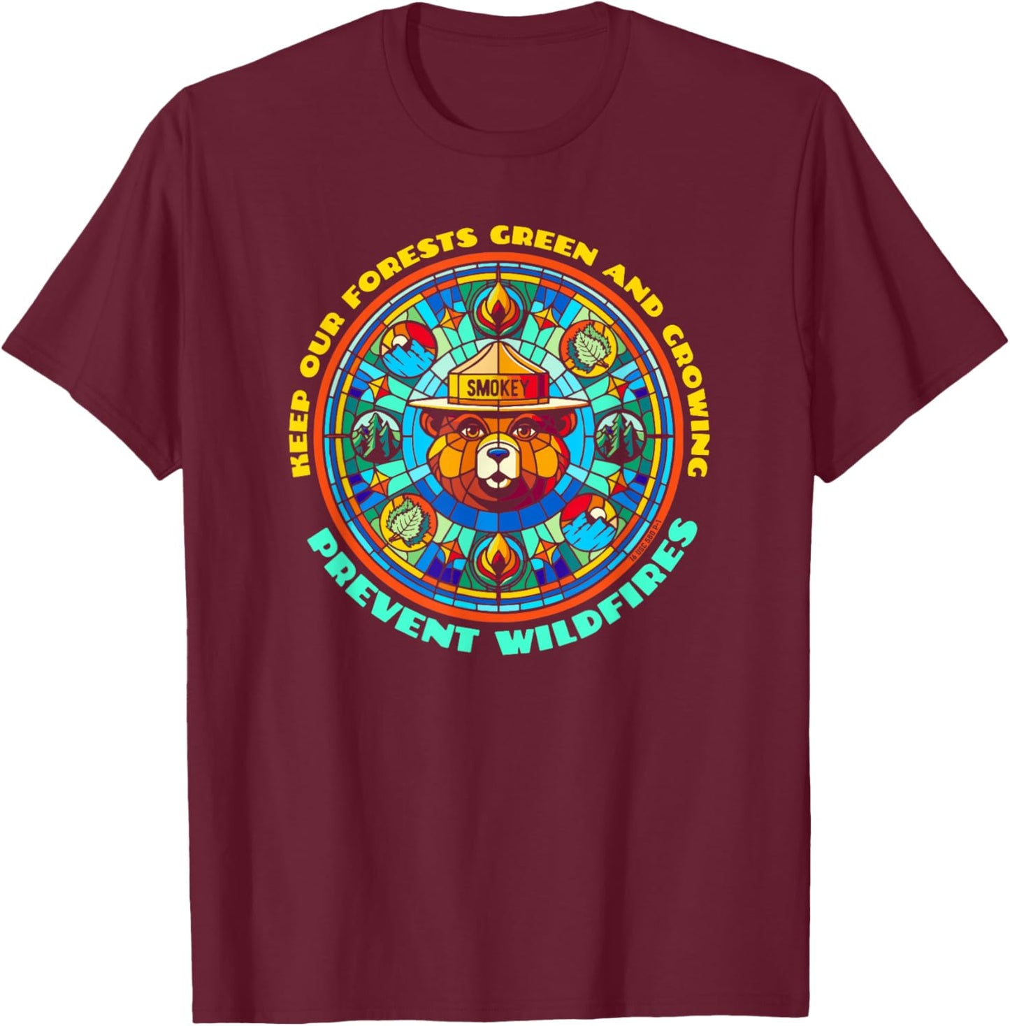 Smokey Bear Stained Glass Art Prevent Wildfires Retro T-Shirt - T-Shirt | Maroon