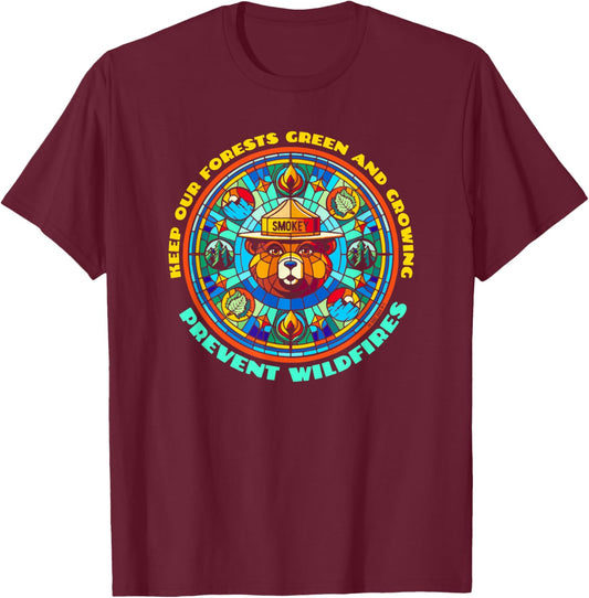 Smokey Bear Stained Glass Art Prevent Wildfires Retro T-Shirt - T-Shirt | Maroon