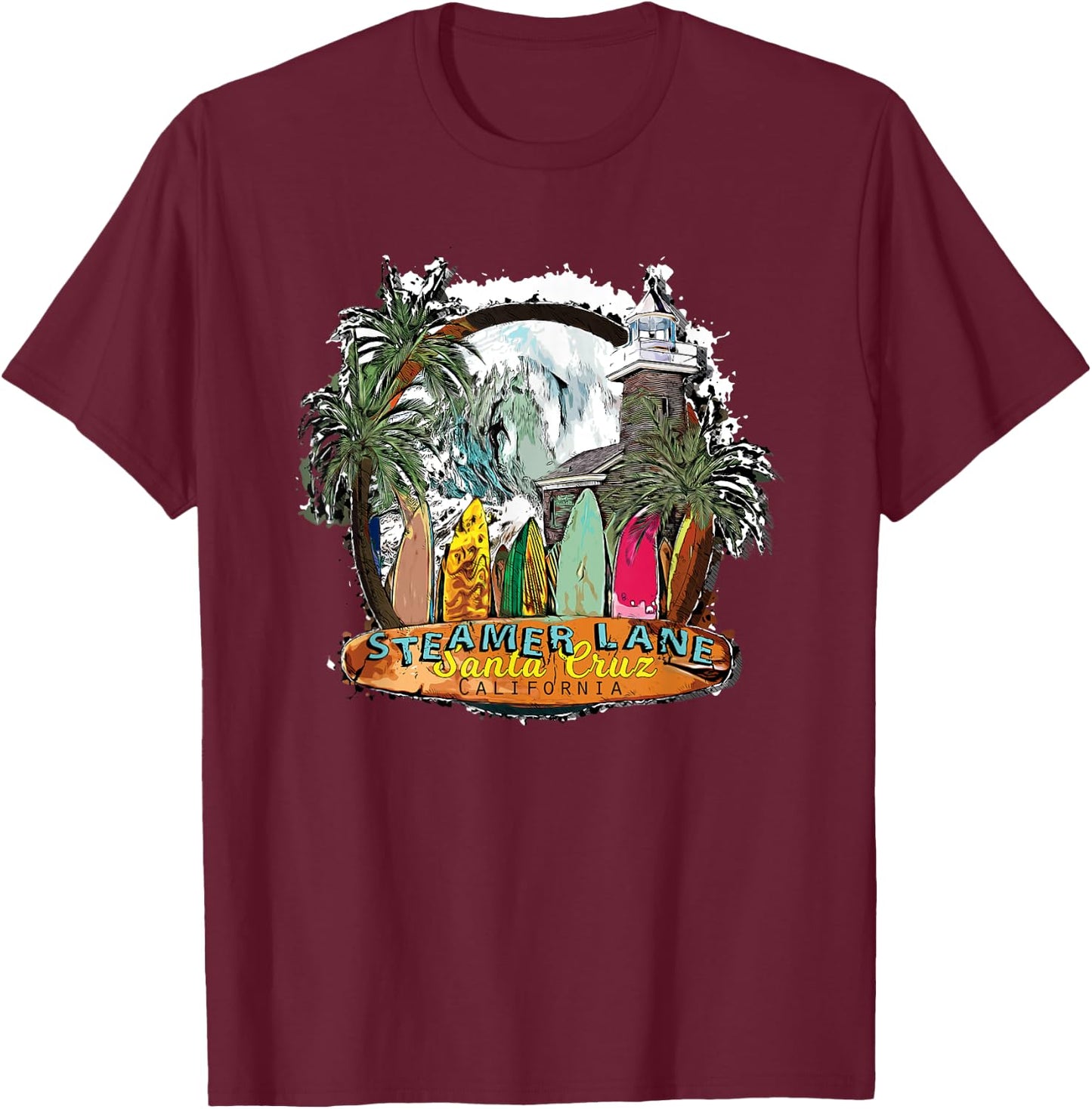Surfing Santa Cruz Ca Steamer Lane Surf Town Souvenir T-Shirt - T-Shirt | Maroon