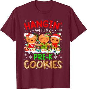 Hanging With My Pre-K Cookies Gingerbread Christmas Teacher T-Shirt - T-Shirt | Maroon