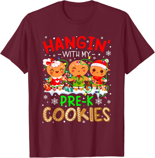 Hanging With My Pre-K Cookies Gingerbread Christmas Teacher T-Shirt - T-Shirt | Maroon