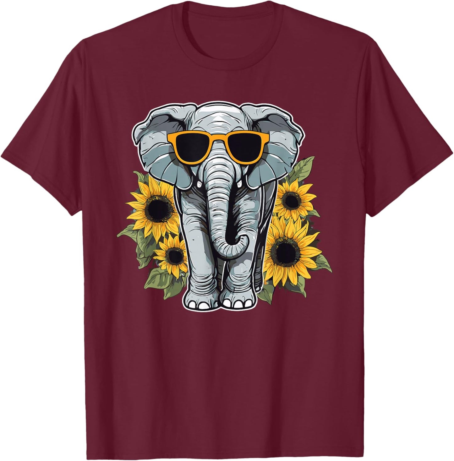Elephant with Sunglasses and Sunflowers T-Shirt - T-Shirt | Maroon