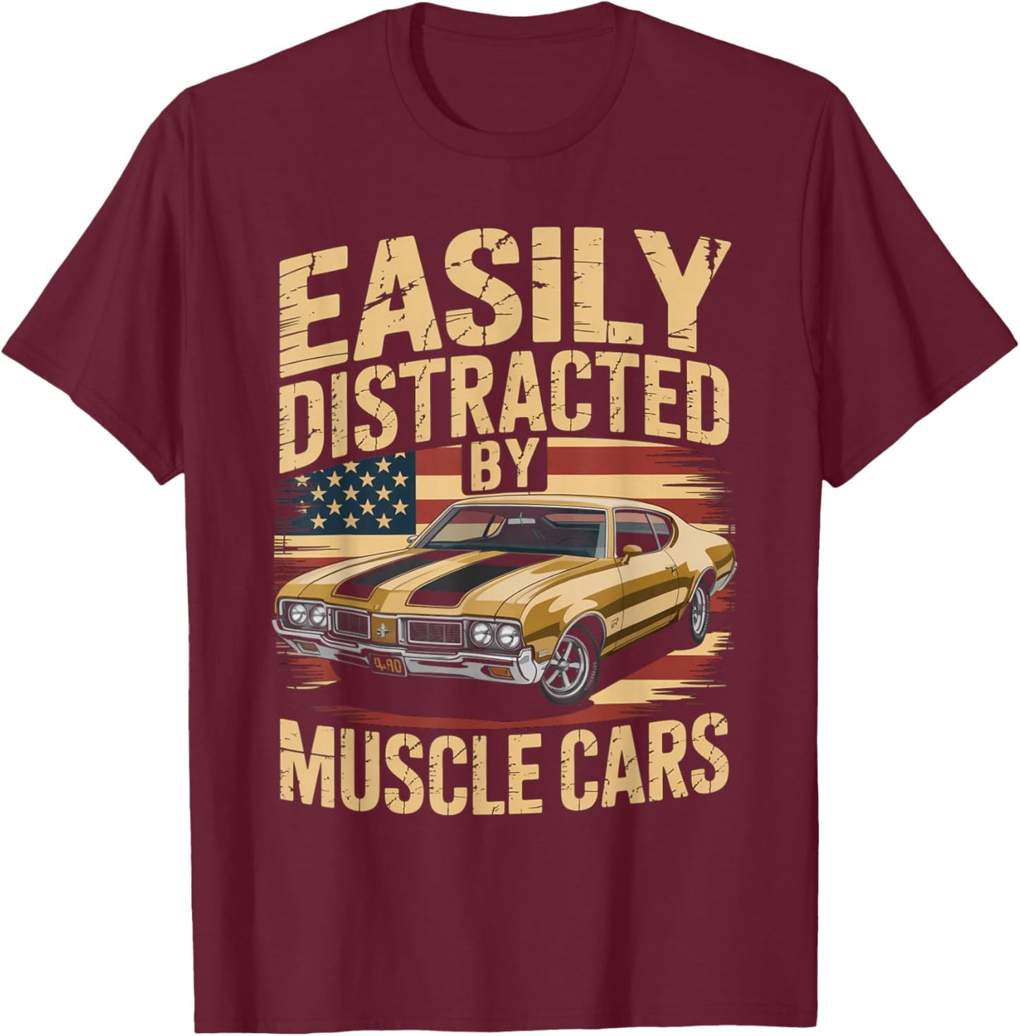 Easily Distracted By Muscle Cars Retro Ride Vibe Auto Fans T-Shirt - T-Shirt | Maroon