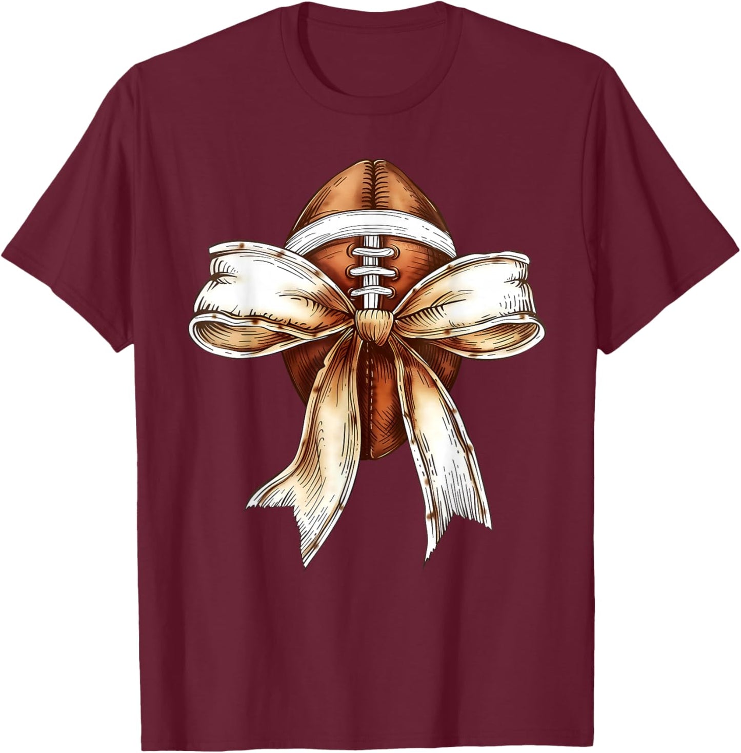 Coquette Bow Football Player American Football Season Funny T-Shirt - T-Shirt | Maroon