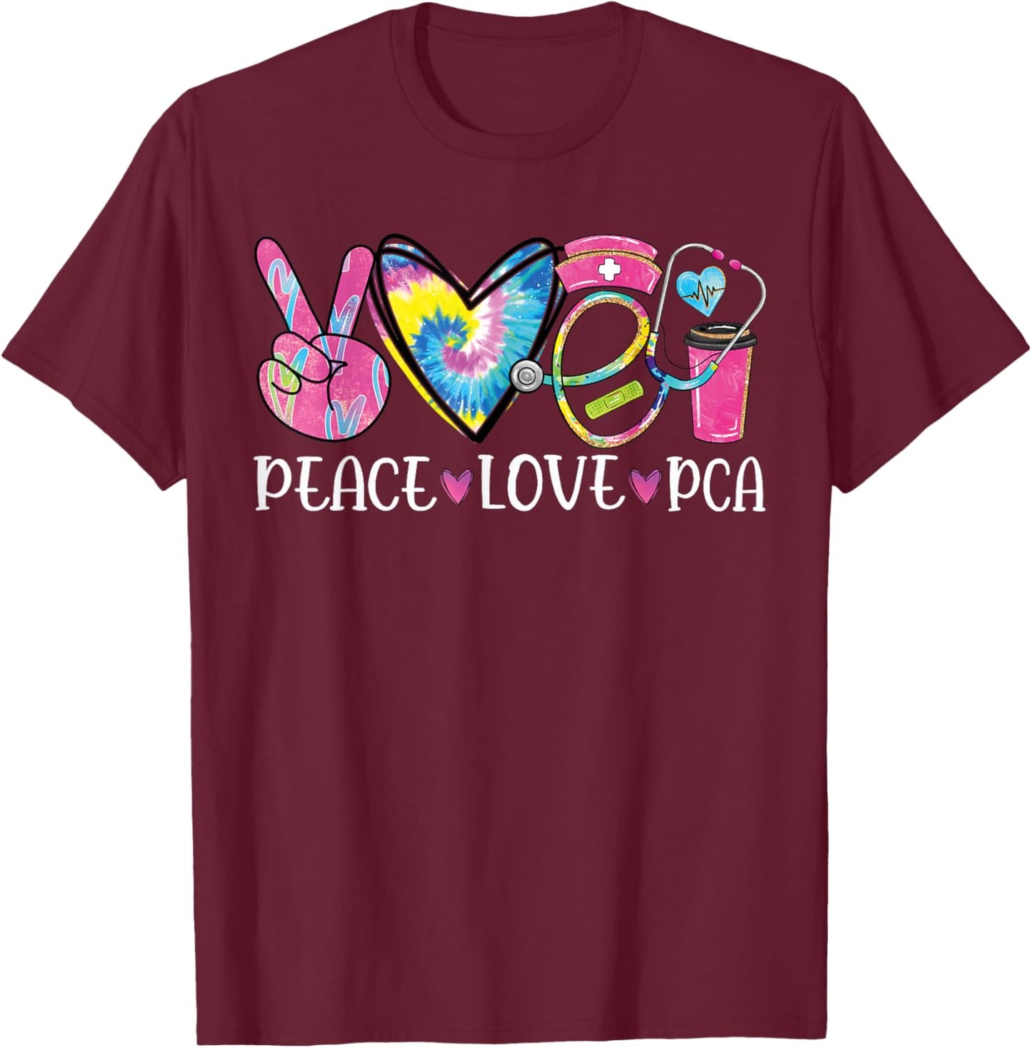 funny pca design Women's Black, Multicolor Heart Stethoscope Design - Small - Short Sleeve - Classic Fit - Cotton Blend - Christmas, Birthday - Women's Nursing PCA Nurse T-Shirt - T-Shirt | Maroon