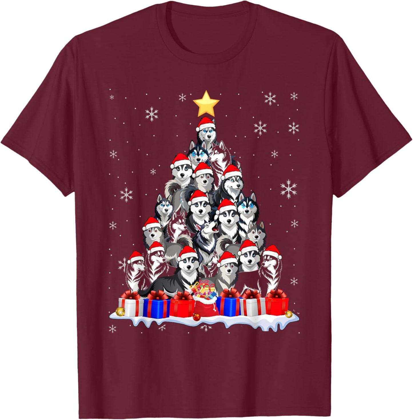 Funny Siberian Husky Christmas Tree Pet Dog Lover T-Shirt - T-Shirt | Maroon