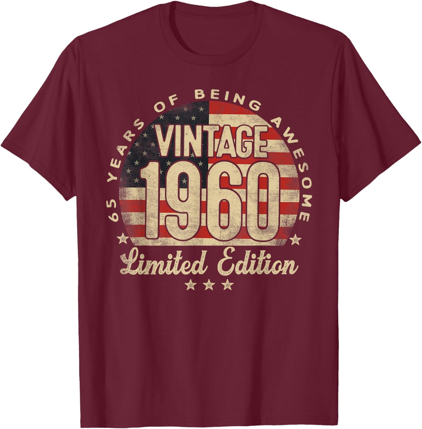 Vintage 1960 Limited Edition 65-Year-Old Gifts USA Flag T-Shirt - T-Shirt | Maroon