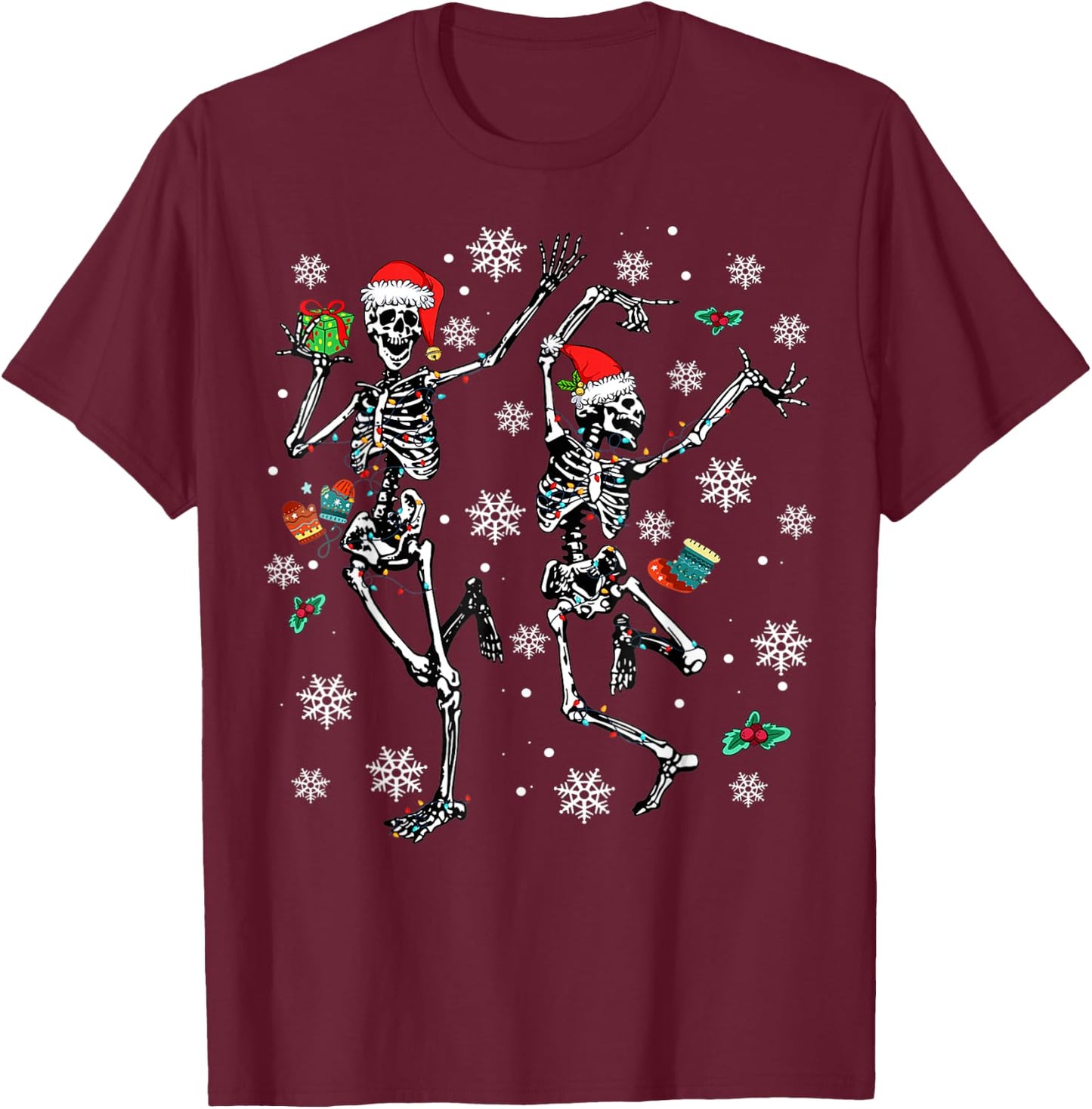 Xmas Tree Christmas Lights Christmas Skeleton Dancing T-Shirt - T-Shirt | Maroon