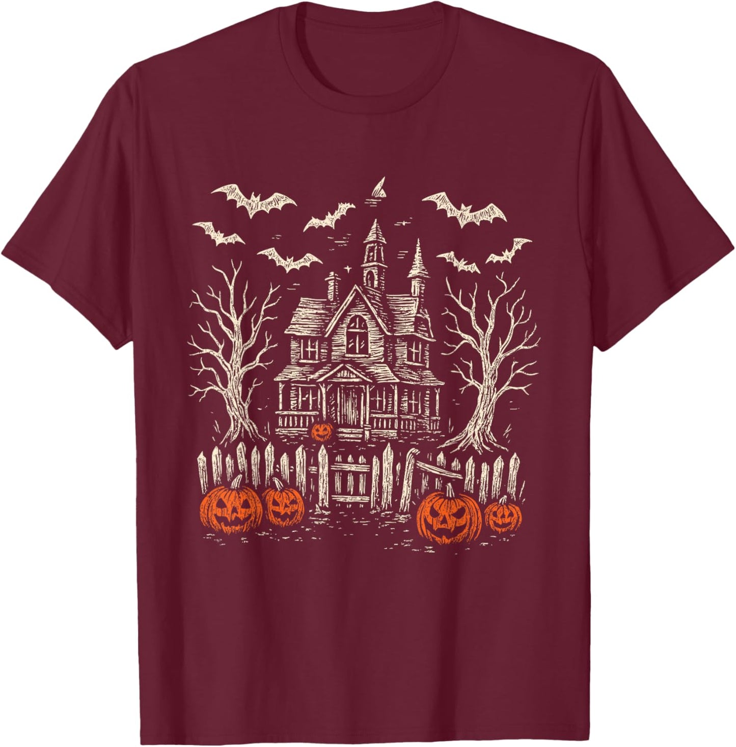 Vintage Haunted Creepy House Halloween Spooky Pumpkin T-Shirt - T-Shirt | Maroon
