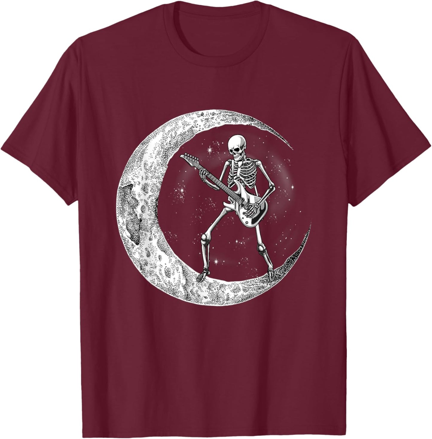 Skeleton Moon Rock & Roll Musician Guitar Lover Halloween T-Shirt - T-Shirt | Maroon