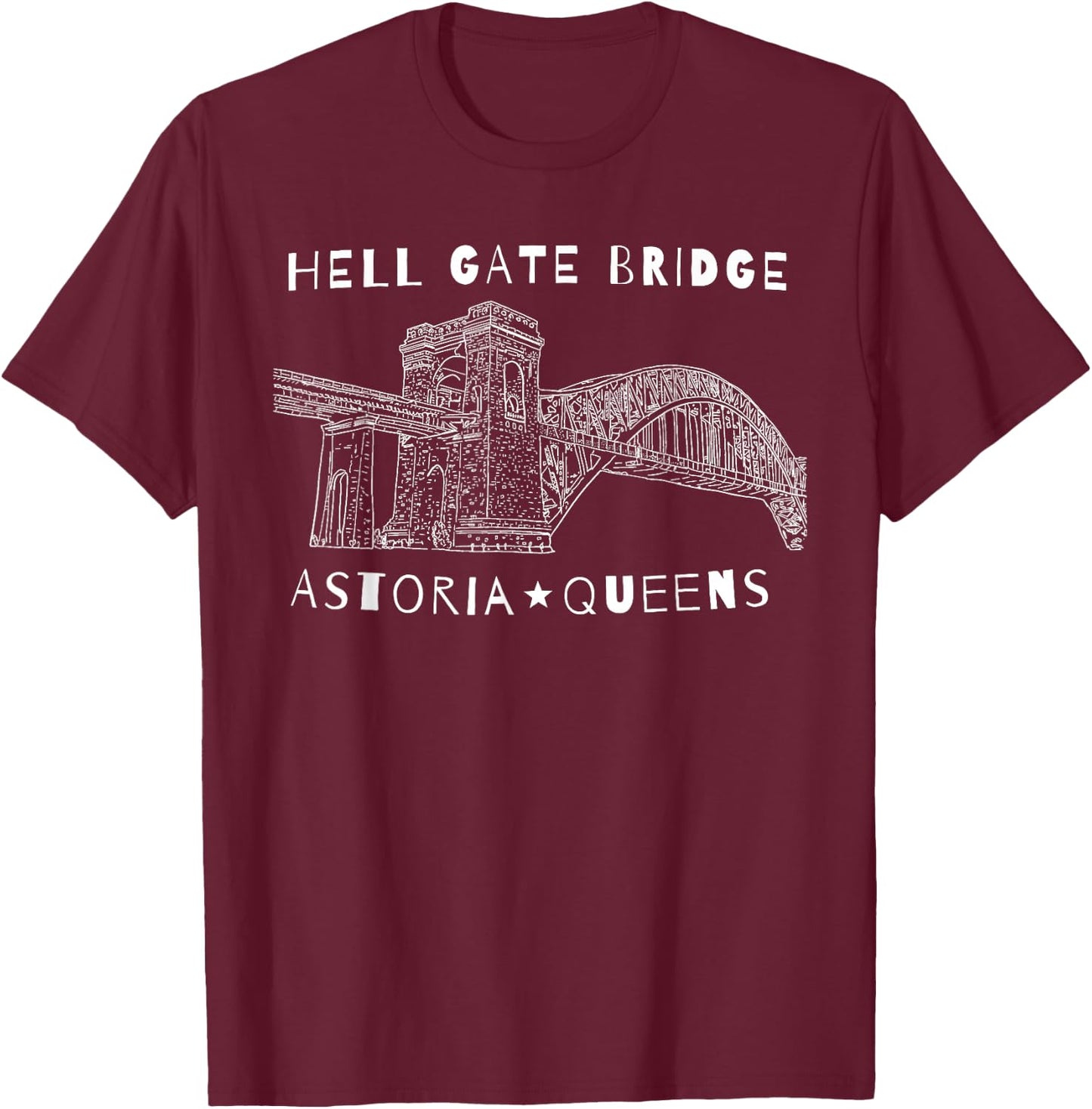 Astoria Queens Hell Gate Bridge New York City illustration T-Shirt - T-Shirt | Maroon