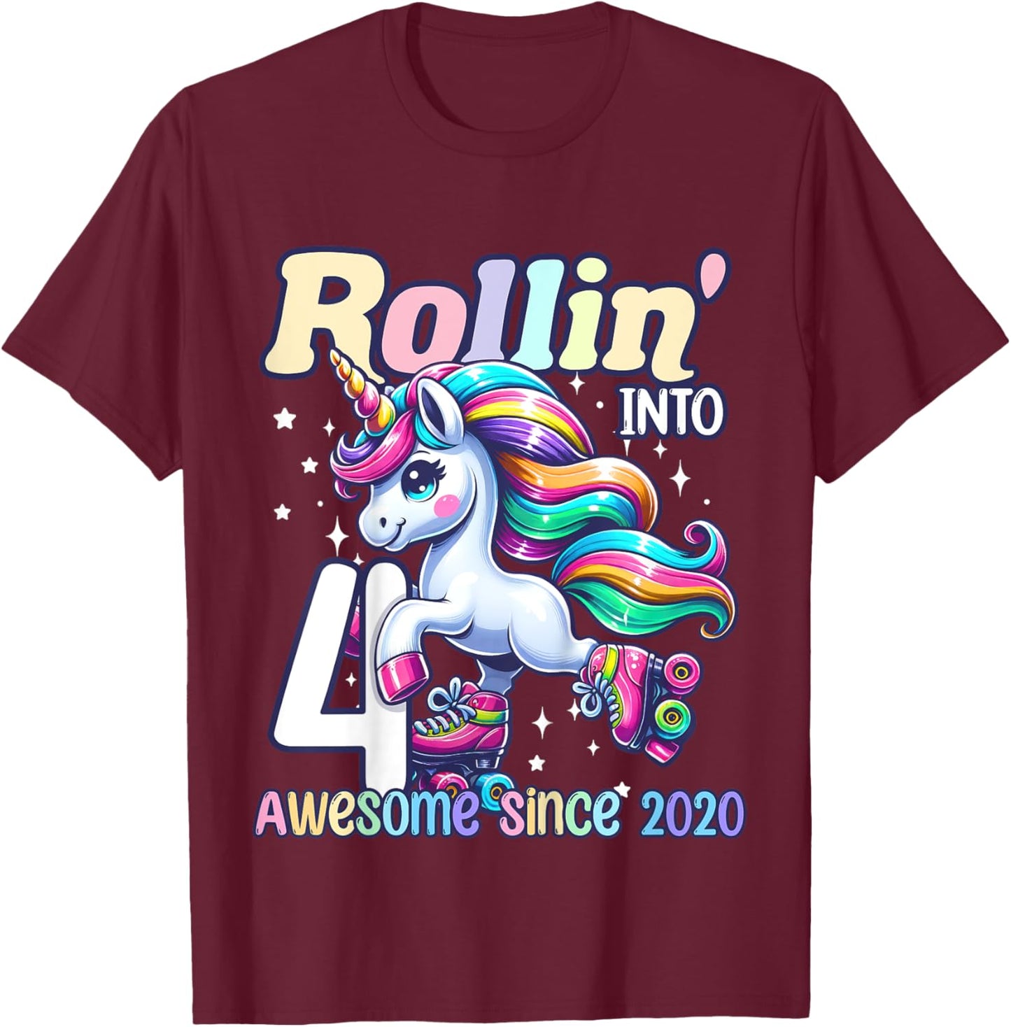 Unicorn 4th Birthday 4 Year Old Roller Skate Party Girls T-Shirt - T-Shirt | Maroon