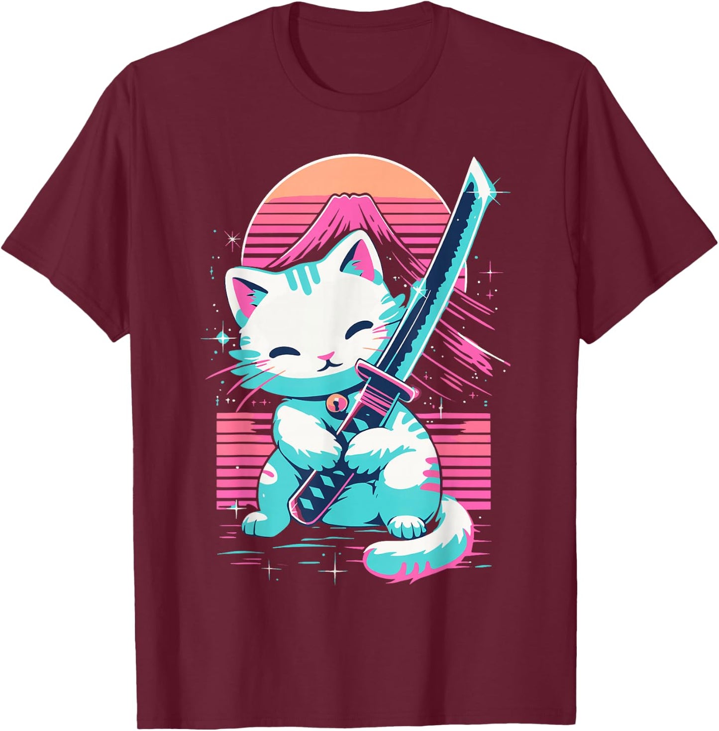 Cat With Katana Sword Japan Cat Samurai Japanese T-Shirt - T-Shirt | Maroon