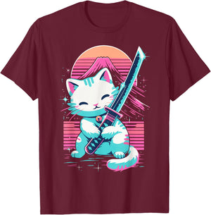 Cat With Katana Sword Japan Cat Samurai Japanese T-Shirt - T-Shirt | Maroon