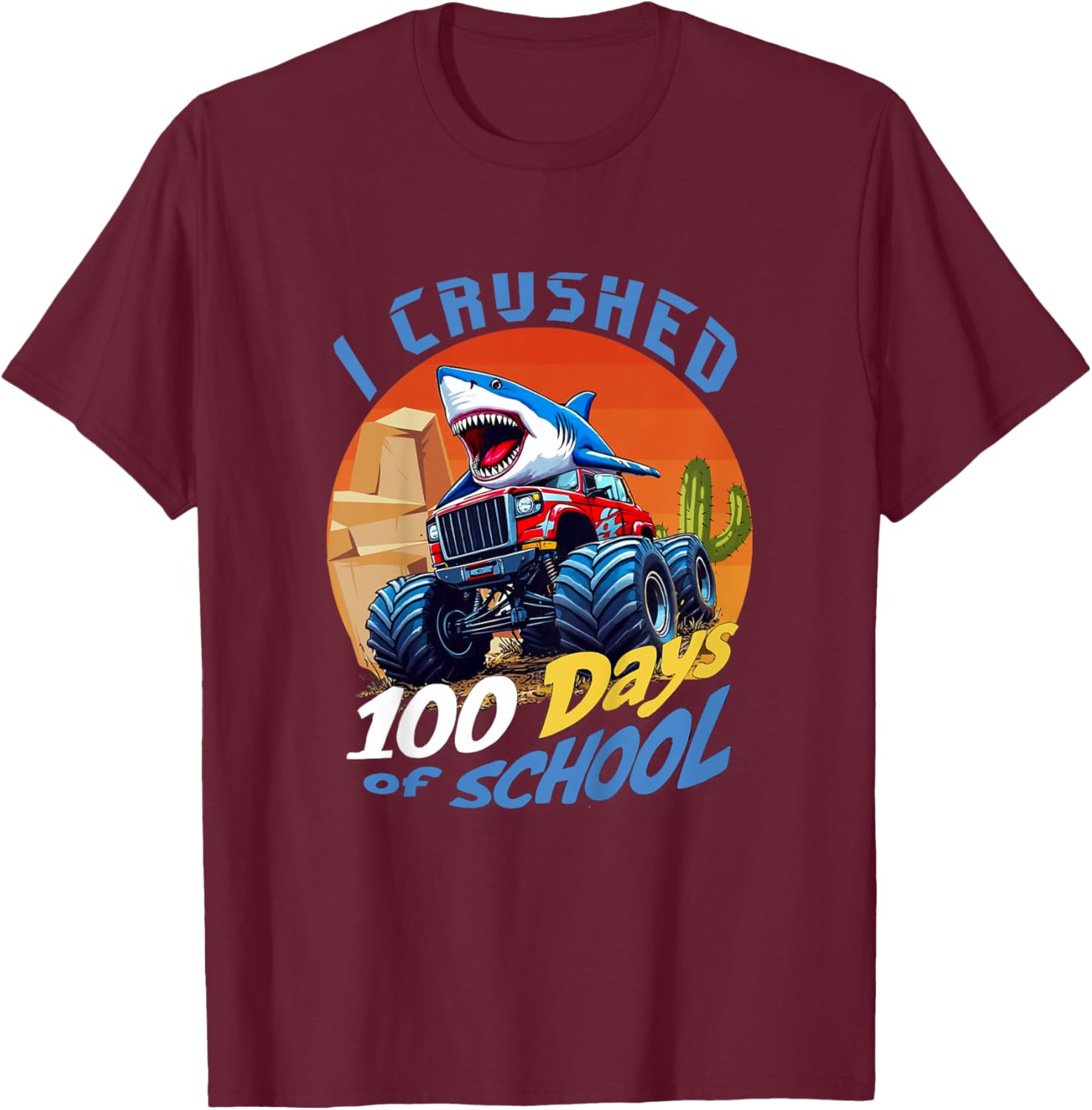 Kids I Crushed 100 Days of School Boy Shark Monster Truck Driver T-Shirt - T-Shirt | Maroon