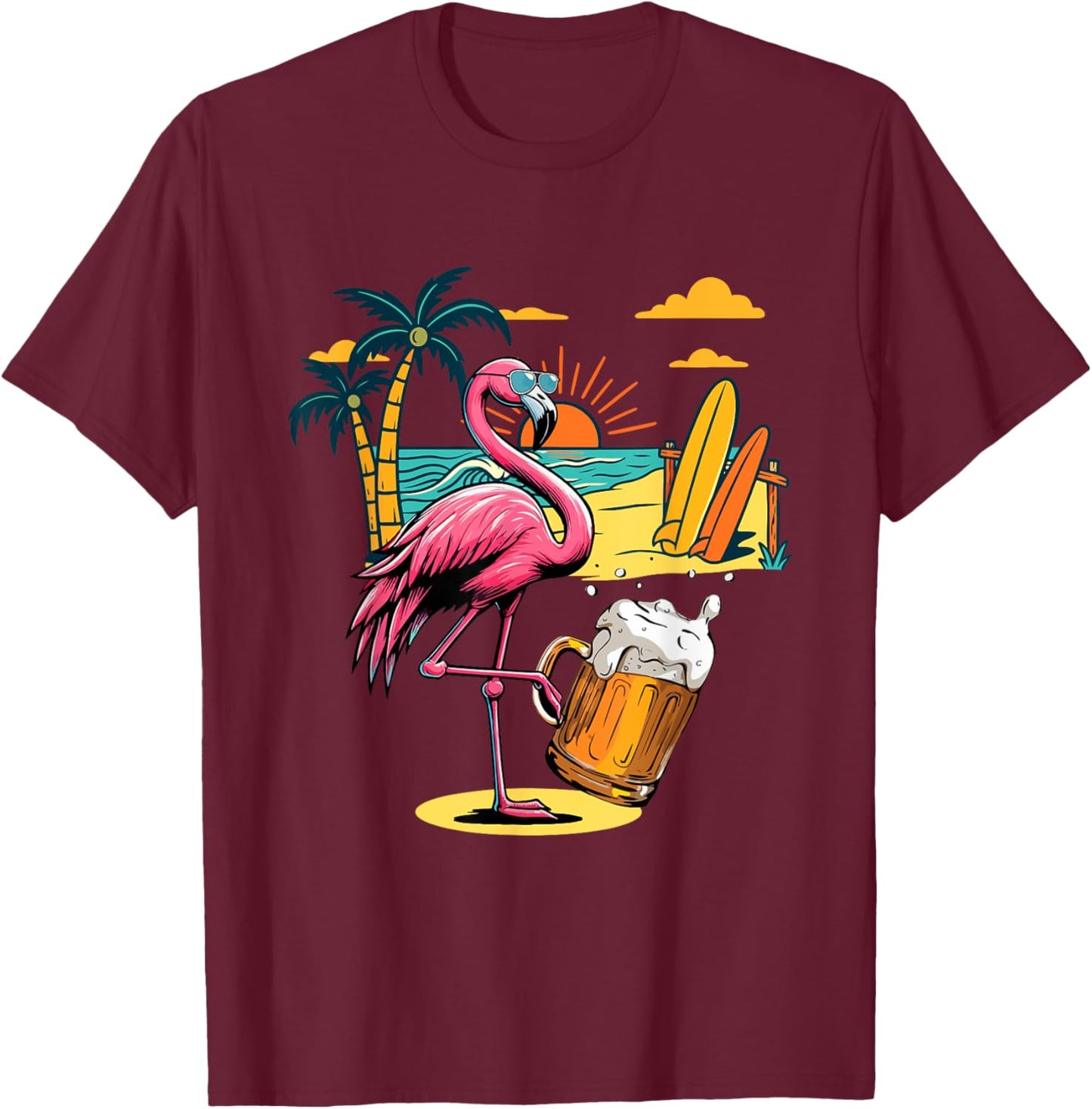 Flamingo Sunglasses Drinking Beer On Beach Funny Summer T-Shirt - T-Shirt | Maroon