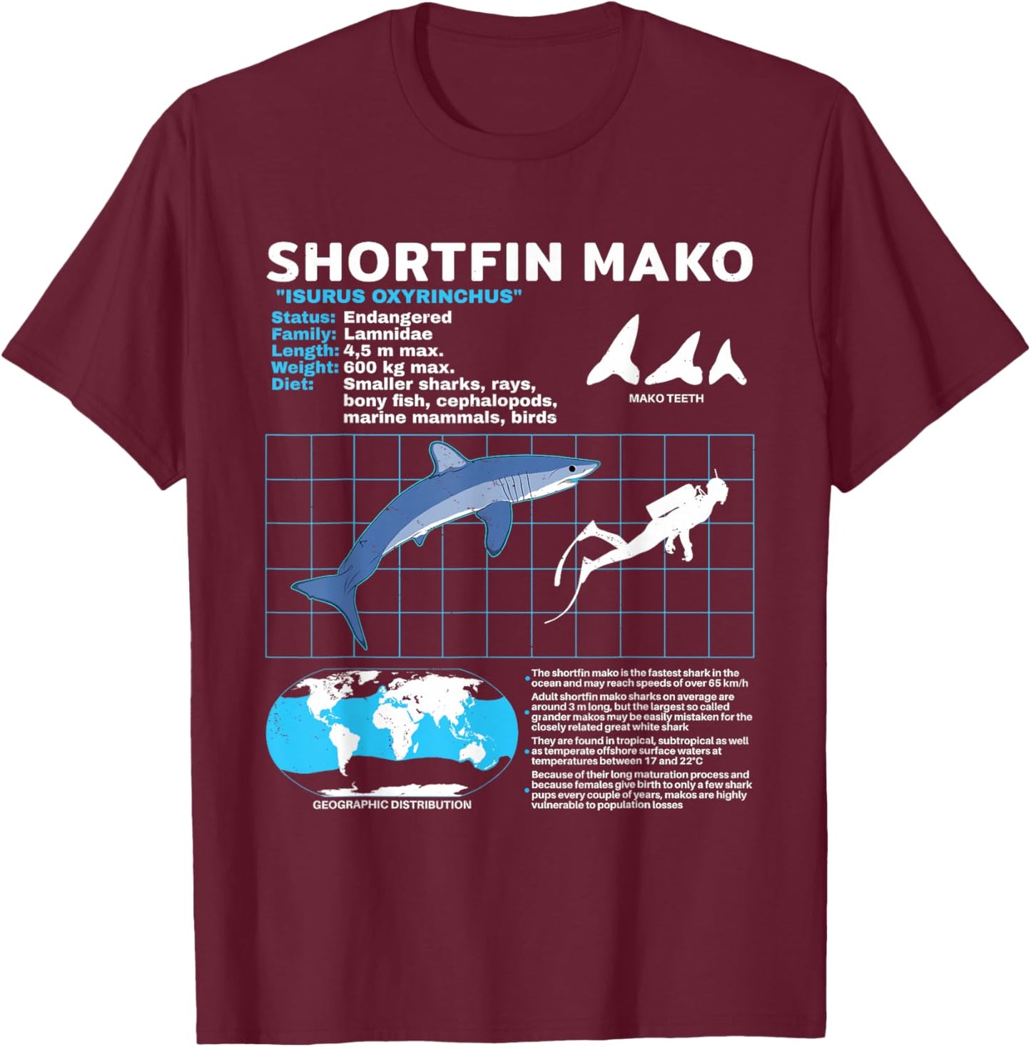 Mako Shark Fact Sheet T-Shirt - T-Shirt | Maroon