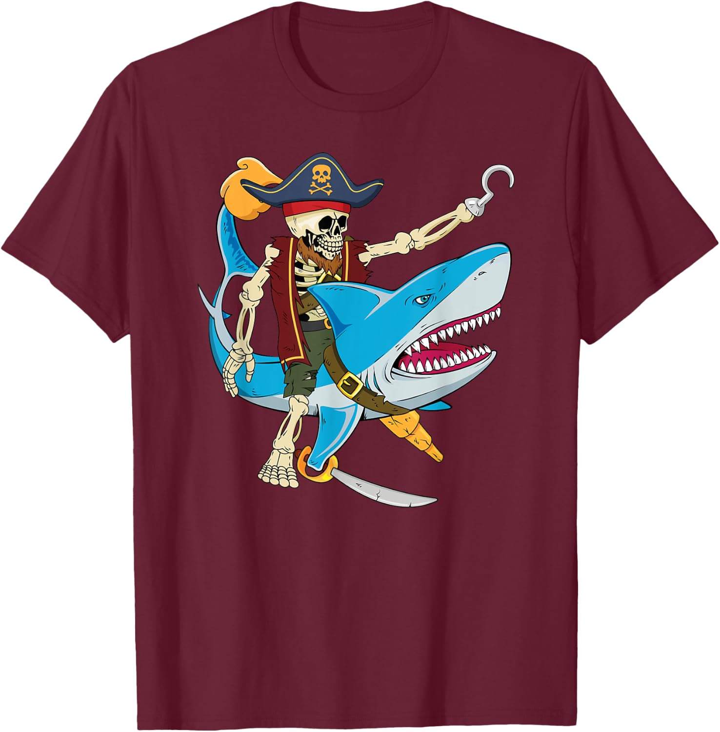 Skeleton Pirate Riding Shark Halloween Kids Boys T-Shirt - T-Shirt | Maroon