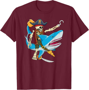 Skeleton Pirate Riding Shark Halloween Kids Boys T-Shirt - T-Shirt | Maroon