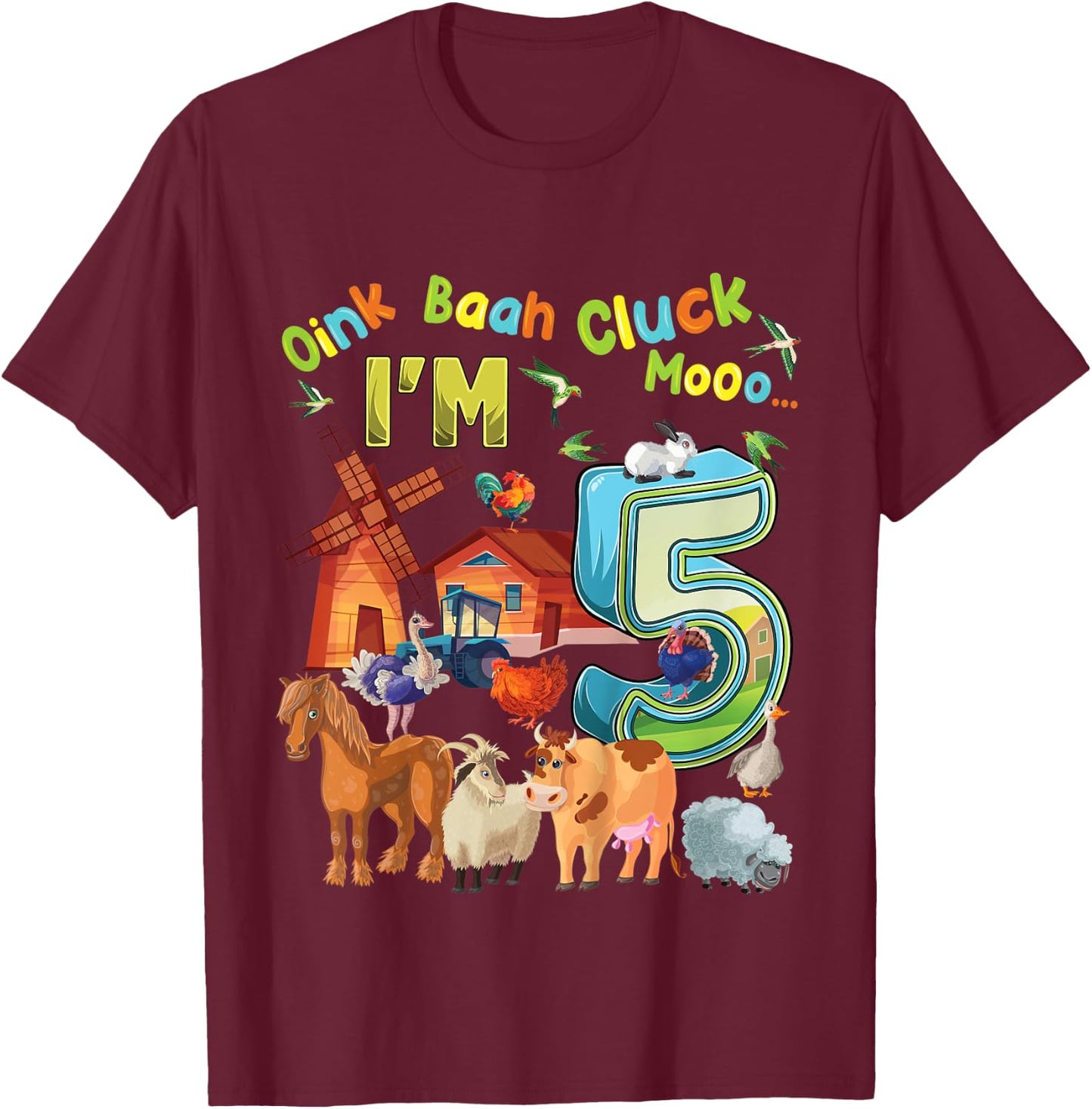 Kids Barnyard 5th Birthday Farm Animals 5 Years Old Farming T-Shirt - T-Shirt | Maroon