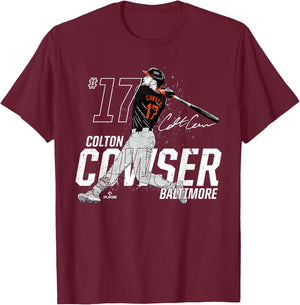Dynamic Pose Colton Cowser Baltimore Baseball MLBPA T-Shirt - T-Shirt | Maroon