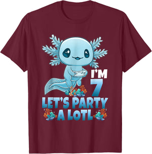I'm 7 Let's Party A Lotl 7th Birthday 7 Year Old Axolotl T-Shirt - T-Shirt | Maroon