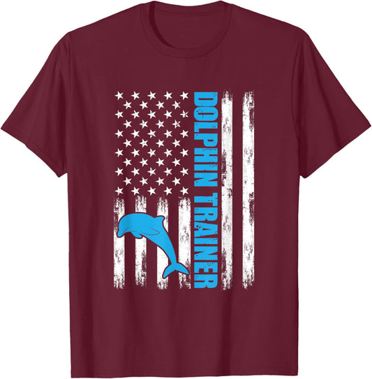 Dolphin American Flag Sea Ocean Animals Dolphin Trainer T-Shirt - T-Shirt | Maroon