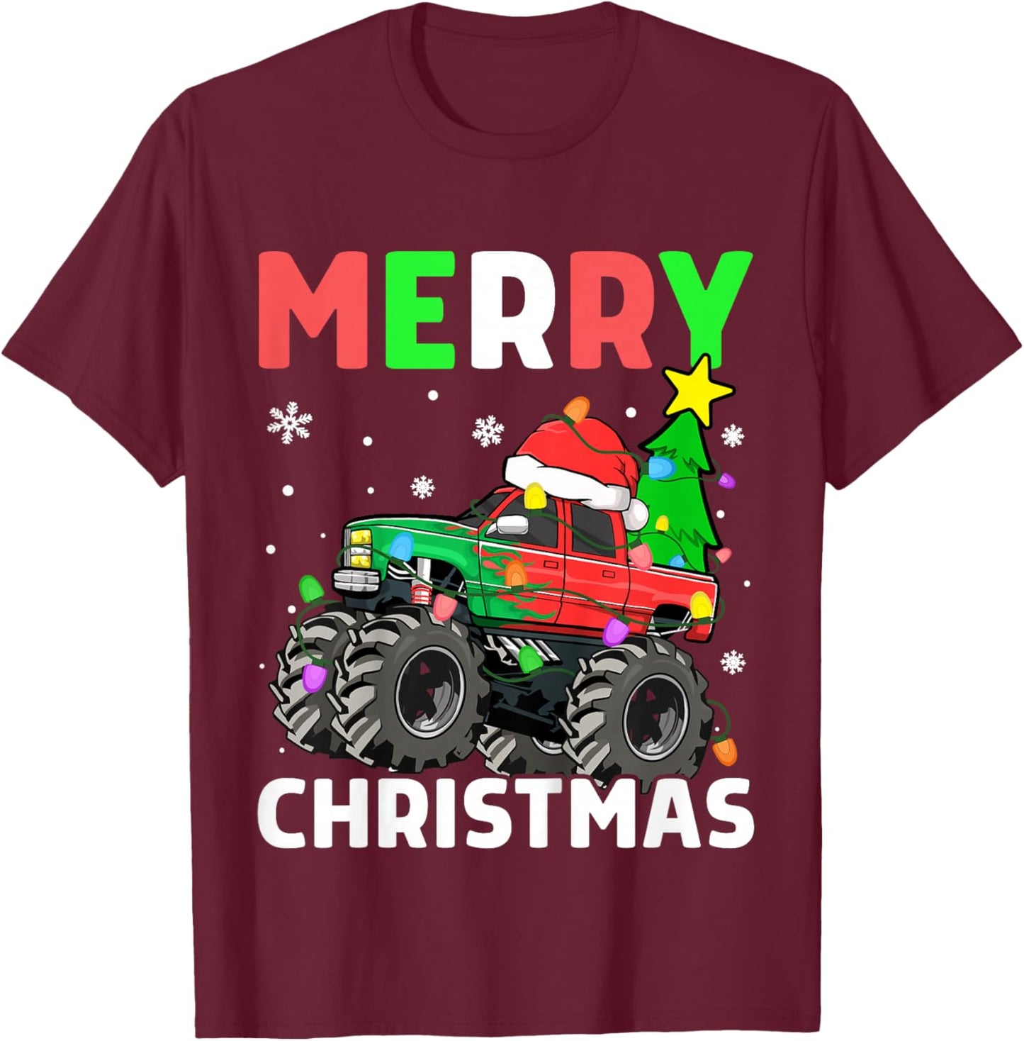 Kids Boys Merry Christmas Monster Truck Santa Hat Toddler Kids T-Shirt - T-Shirt | Maroon