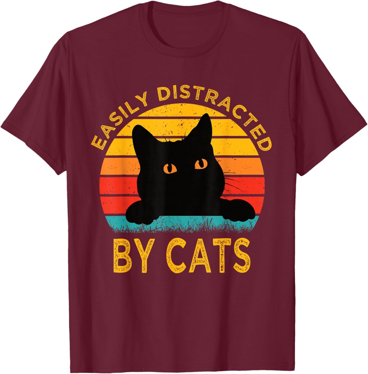 Easily Distracted By Cats Vintage Funny Cat T-Shirt - T-Shirt | Maroon