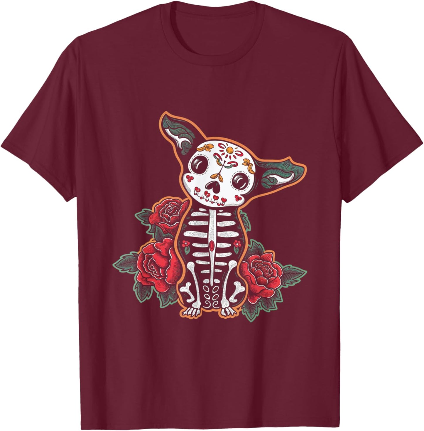 Calavera Chihuahua Skeleton Floral Colorful Art T-Shirt - T-Shirt | Maroon
