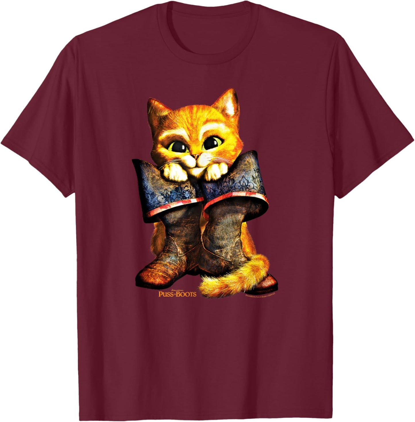 DreamWorks Puss in Boots with Boots , Black, S T-Shirt - T-Shirt | Maroon