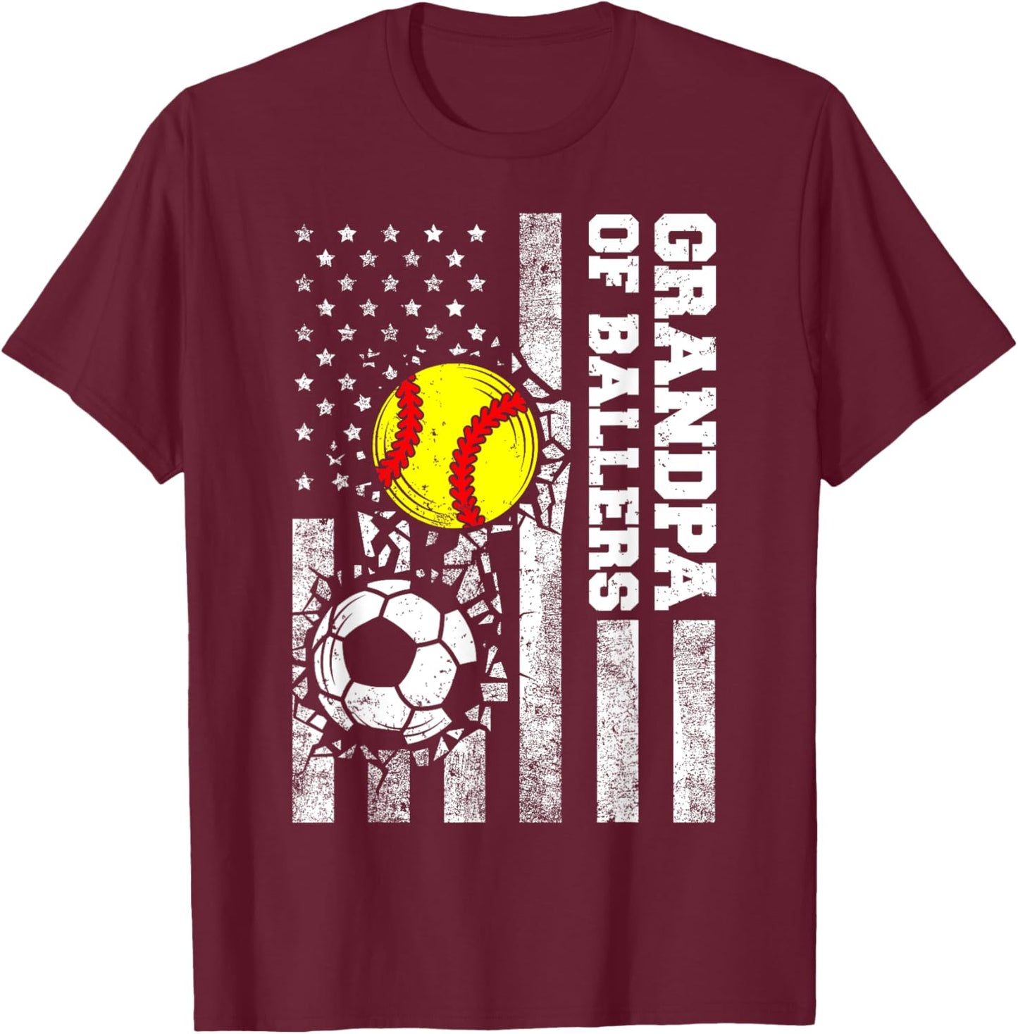 Grandpa of Ballers Funny USA Flag Soccer Softball Grandpa T-Shirt - T-Shirt | Maroon
