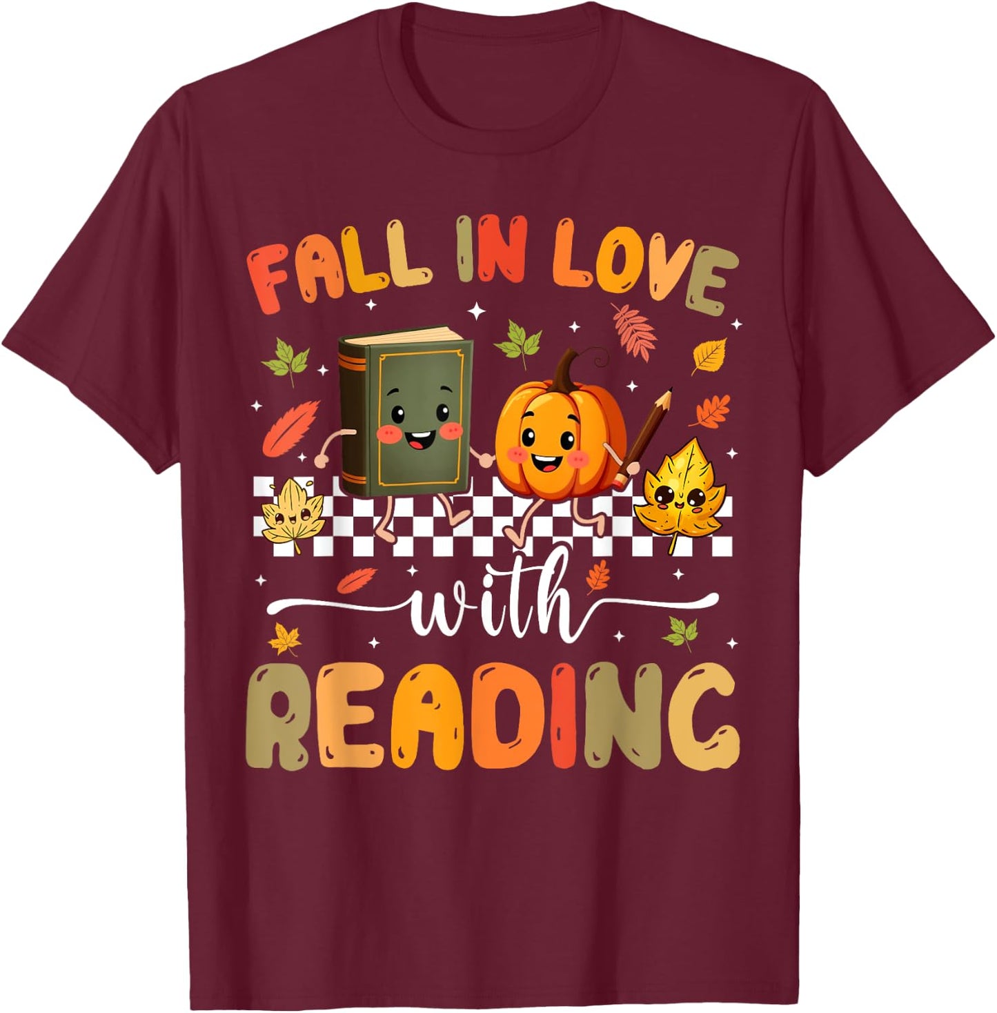 Fall In Love With Reading Pumpkin Autumn Fall Teacher T-Shirt - T-Shirt | Maroon