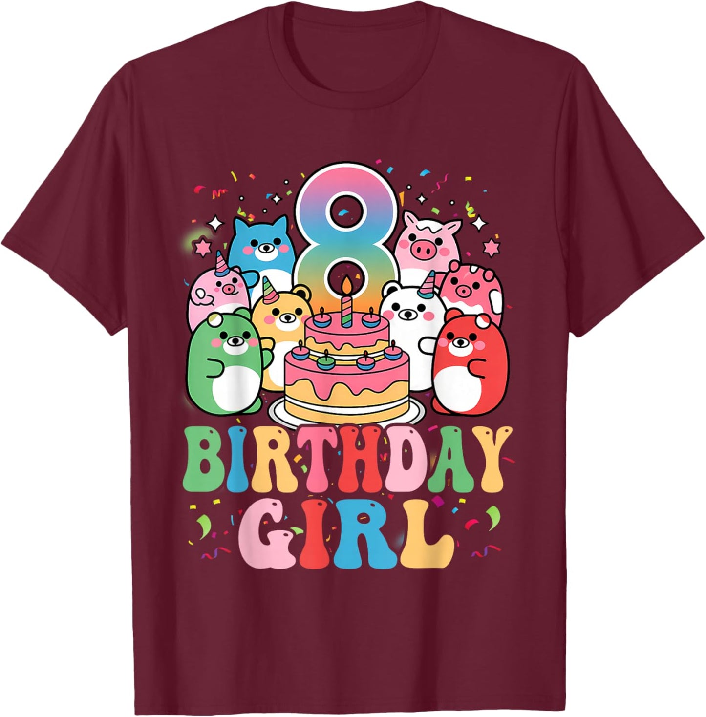 8th Birthay Girl Party Funny Squish Squad 8 Years Old Kids T-Shirt - T-Shirt | Maroon