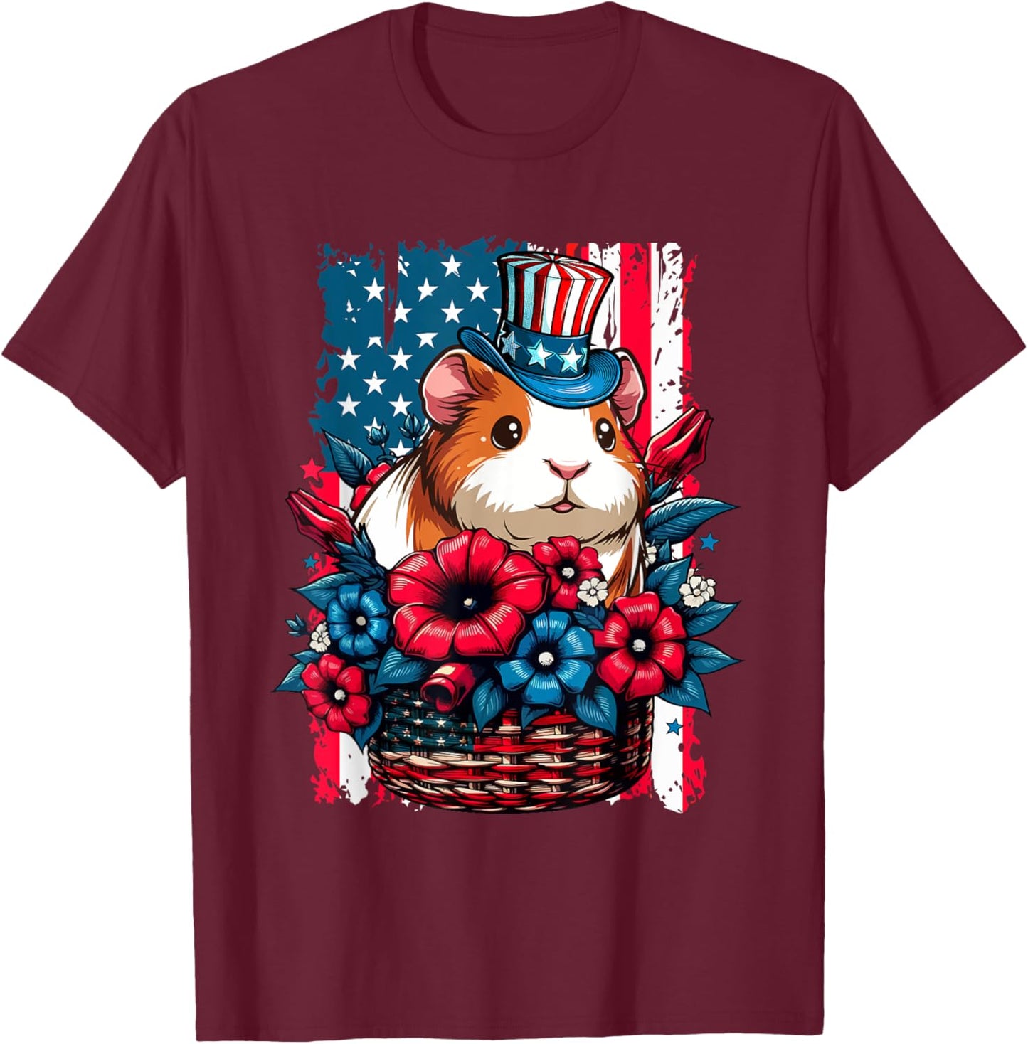 Guinea Pig Inside Flowers Basket 4th July US Flag Patriotic T-Shirt - T-Shirt | Maroon