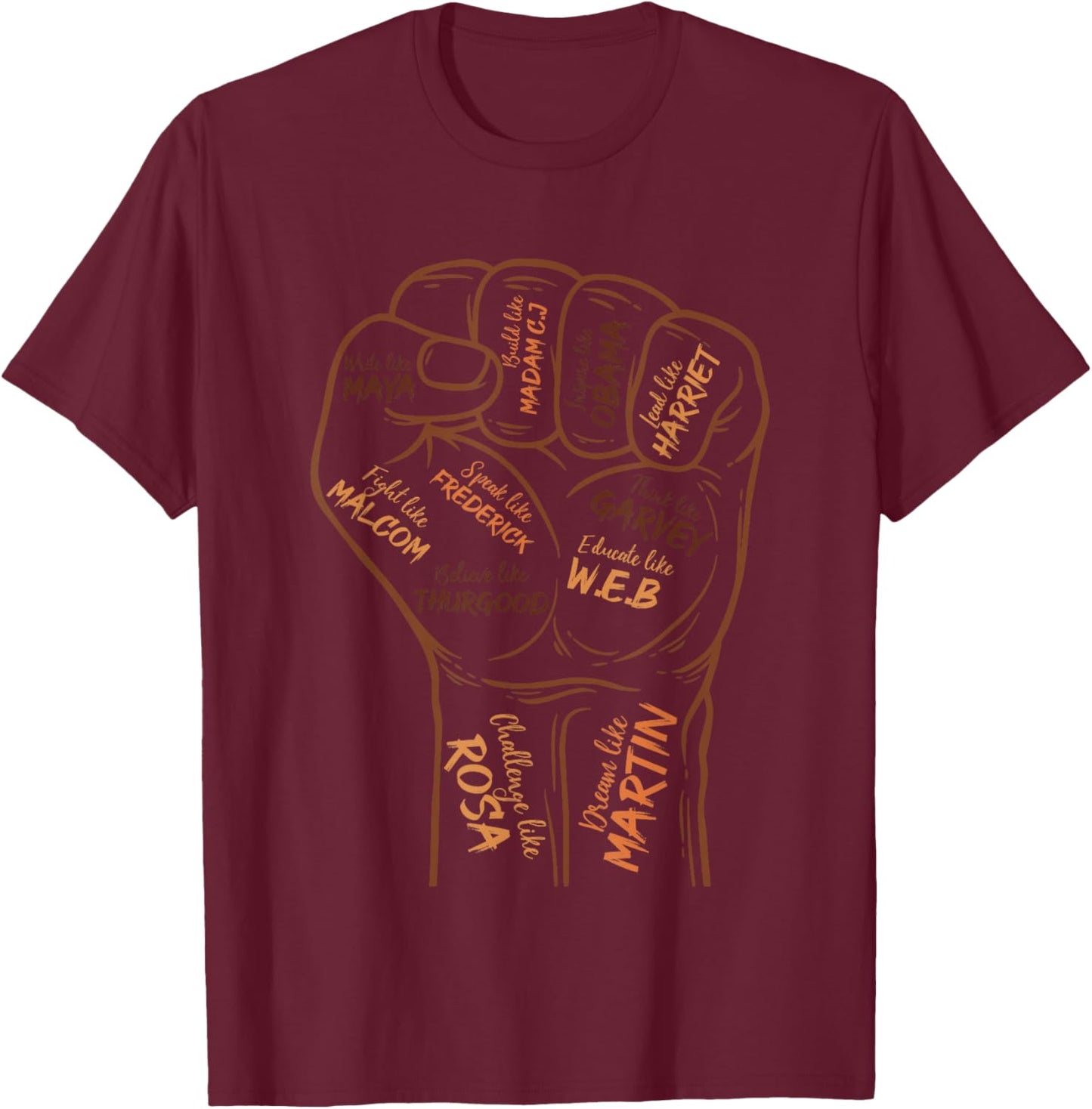 Power Fist Hand Inspiring Black Leaders Black History Month T-Shirt - T-Shirt | Maroon