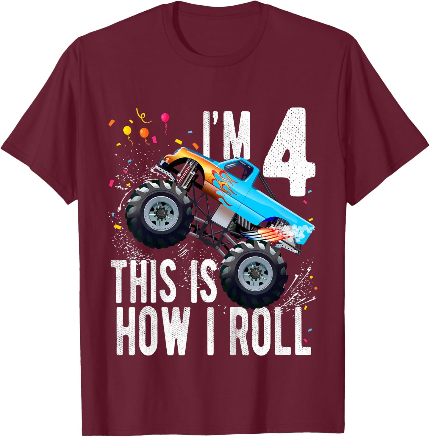 Kids 4 Year Old 4th Birthday Boy Monster Truck Car T-Shirt - T-Shirt | Maroon