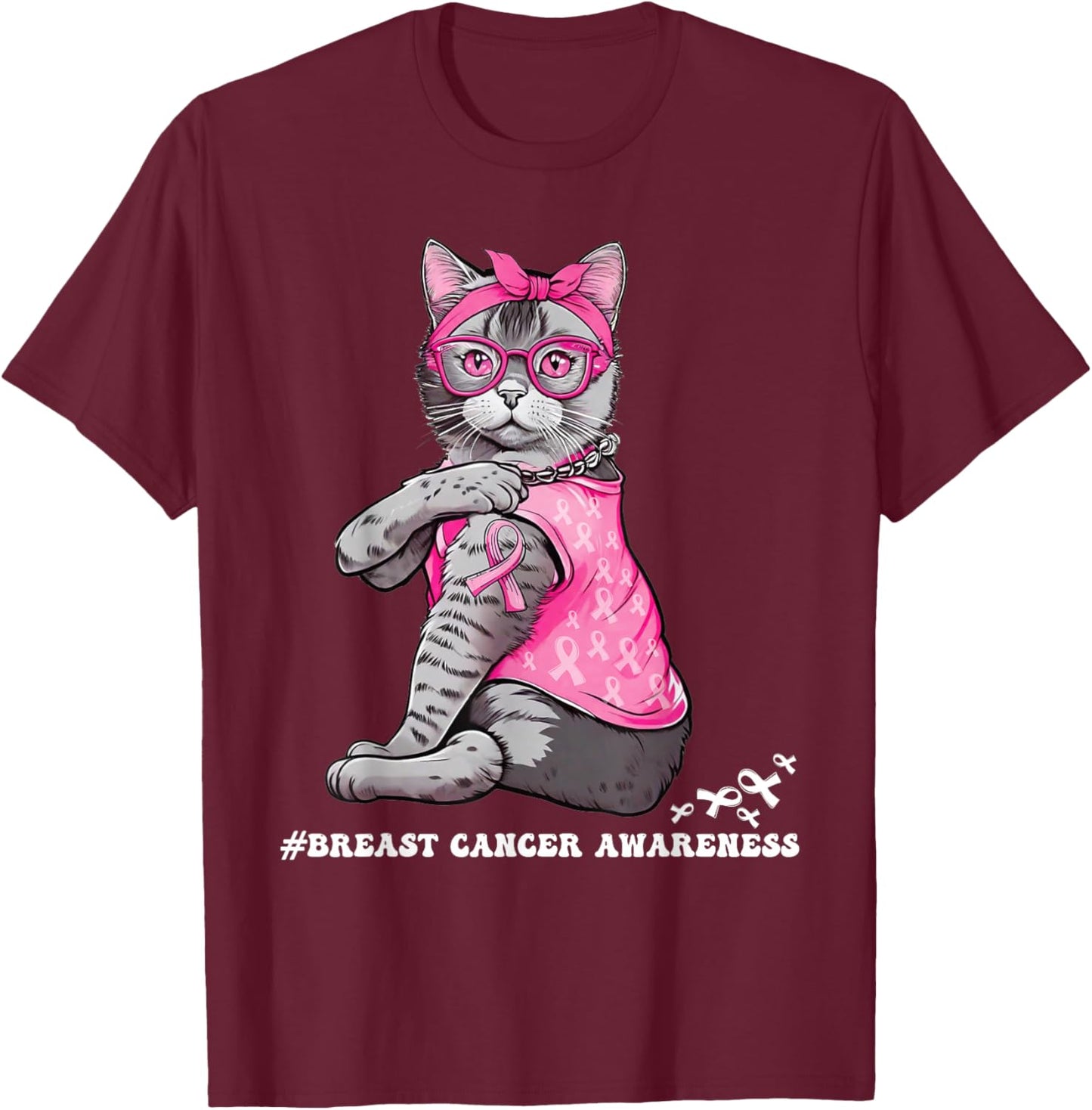 Funny Cat Pink Ribbon In October We Wear Pink Breast Cancer T-Shirt - T-Shirt | Maroon