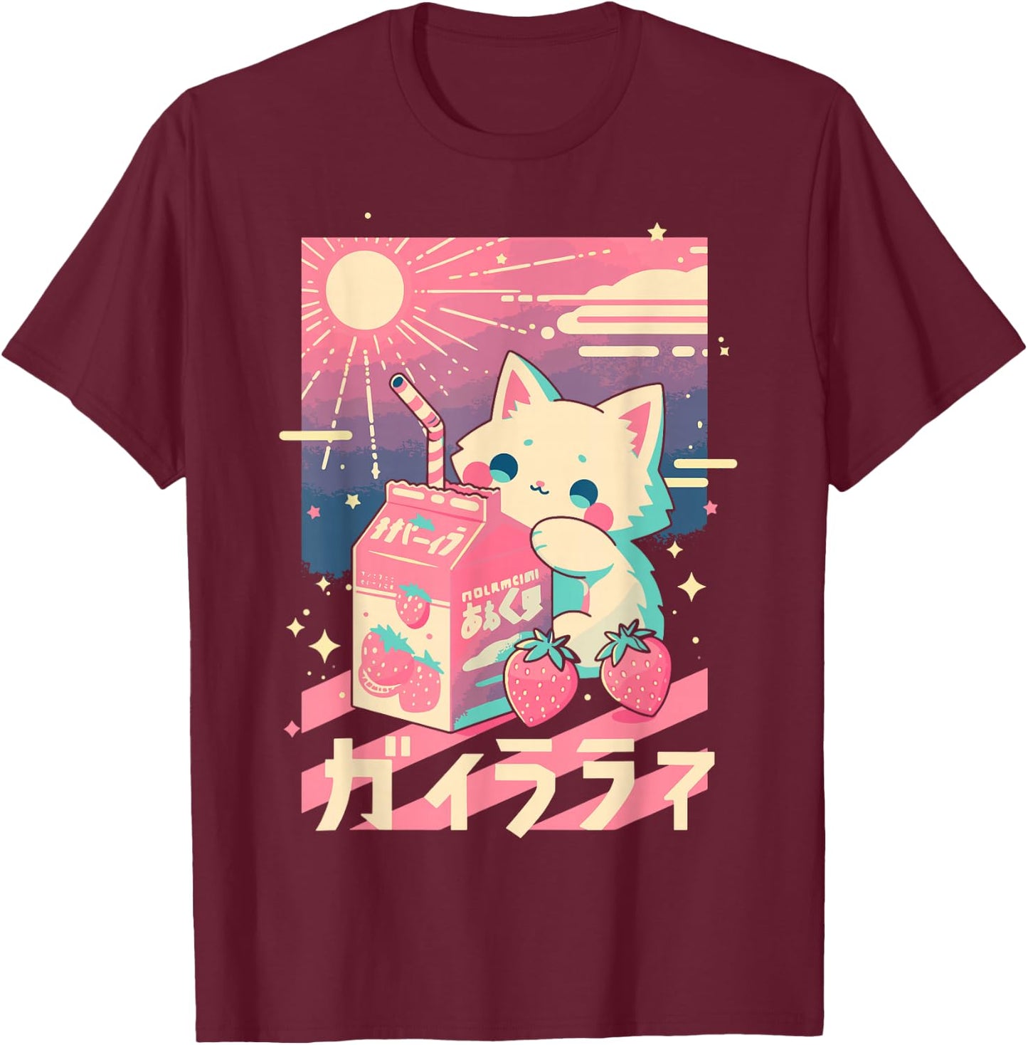 Cat Strawberry Milk Anime 90s Japanese Cat Japan T-Shirt - T-Shirt | Maroon