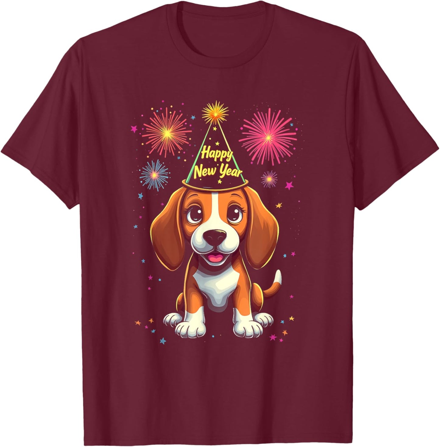 Happy New Year 2025 Eve Firework Dog Funny Beagle T-Shirt - T-Shirt | Maroon