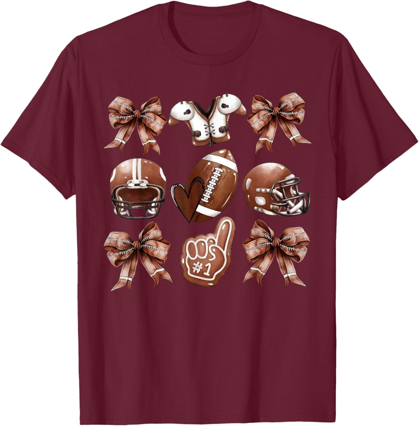 Coquette Bow Football Player American Football Season Funny T-Shirt - T-Shirt | Maroon